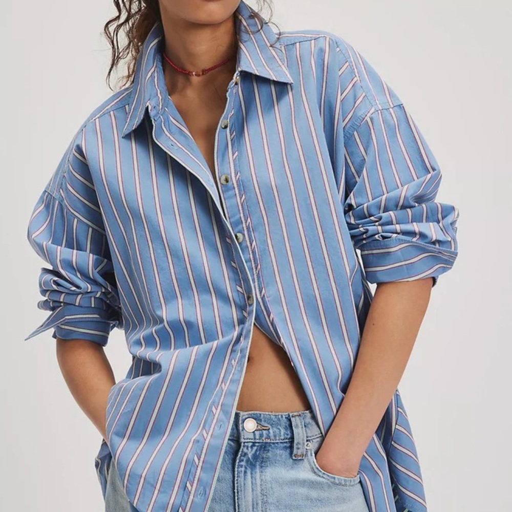 Free People varsity vibes Button-Up Shirt in blue combo